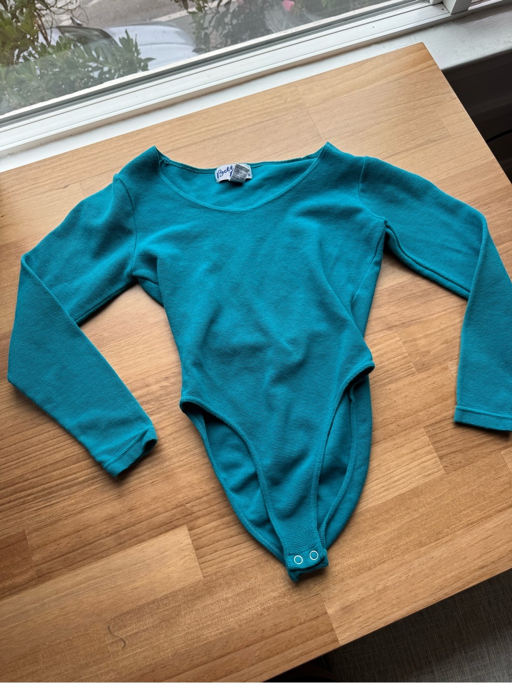 Real Vintage Teal Aquamarine Long-Sleeve One-Piece Bodysuit w Low Scoop Neckline